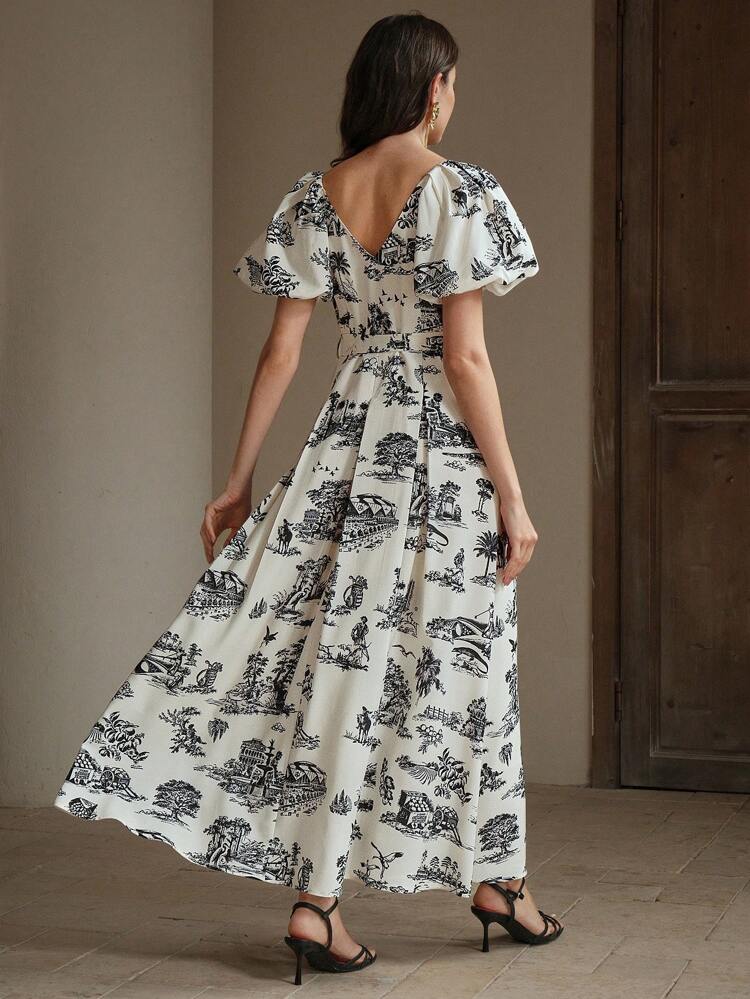 Vestido largo de mujer con estampado floral, cuello en V, manga corta y cintura con lazo