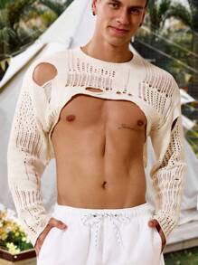 Manfinity RSRT Men's Distressed Crew Neck Drop Shoulder Knitted Long Sleeve Top - Apricot - View 6