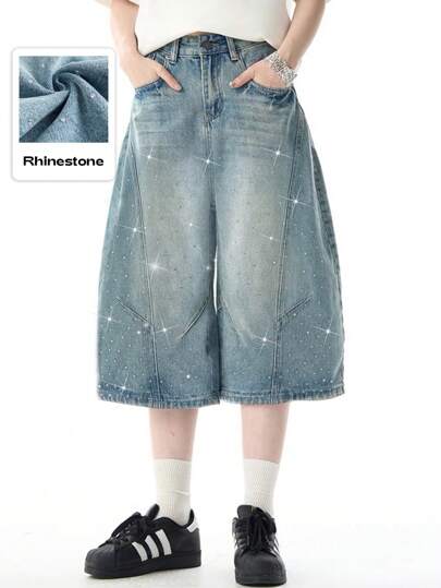 ROMWE Avant Vaqueros vaquero varoncillos de pierna ancha con acabado de piedras desgastadas y rhinestones, estilo casual Avant