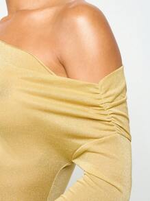 AiiRZ Off Shoulder Long Sleeve Mini Dress Beach Cover Up Resort Wear Party Evening Shimmer Bodycon Stretch Clubwear - Gold - View 4