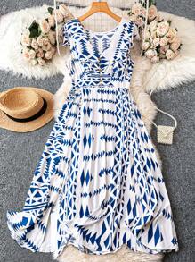 Breezaya Plus Size Women Fashionable V-Neck Handbag Slit Floral Print Dress
