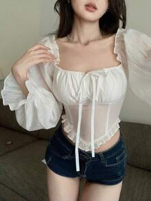 DAZY 春夏优雅蕾丝拼接修身衬衫，配有抽绳，适合情人节、婚礼、派对、正式场合，长袖女式衬衫 - 白色 - 查看 9