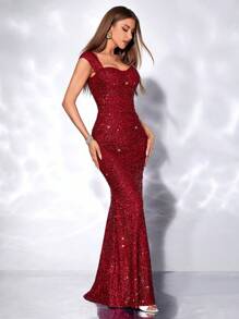 SHEIN Belle Váy dạ hội trang trọng cổ yếm nàng tiên cá màu đỏ tía cho tiệc năm mới, khách dự tiệc cưới - Màu Đỏ Sâu - Xem 6