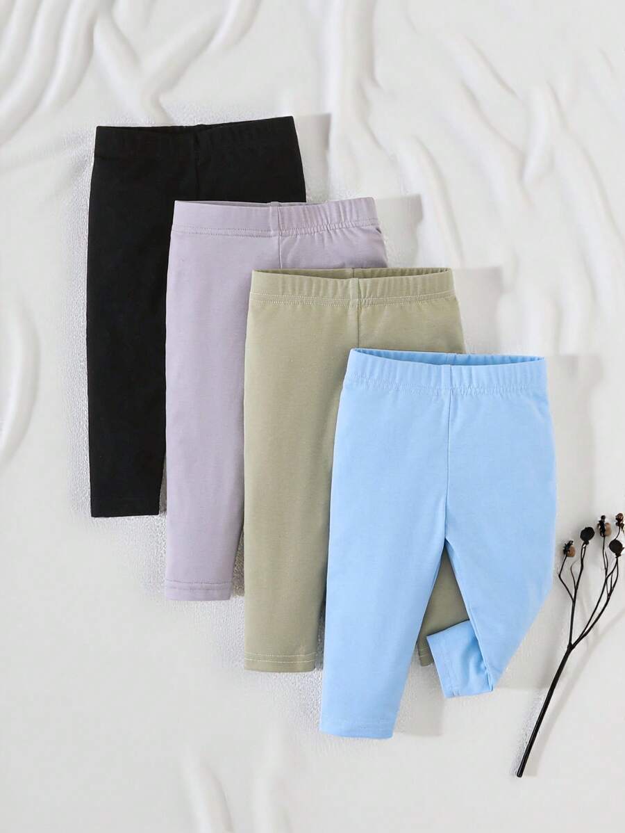 SHEIN Vintaside Kids 4 件/包婴儿和男童 1-24 个月休闲百搭纯色紧身裤,百搭组合包,四季皆宜“Hello World” - 彩色 - 查看 1