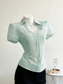 Elamini Blusa de manga corta con rayas y estampado floral