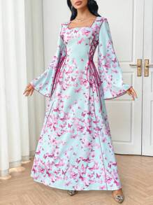 Al Najma 女式方领蝴蝶印花喇叭袖阿拉伯风格夏装 - 彩色 - 查看 4