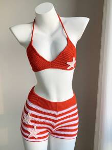 Comfortcana European Summer Beach Outfits American Flag Bikini 2pcs/Set Women Starfish Decoration Sleeveless Top And Striped Knit Shorts