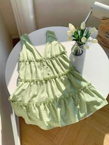 Comfortcana 女士夏季可爱深V领荷叶边纽扣设计无袖格子迷你连衣裙 - 綠色 - 查看 4