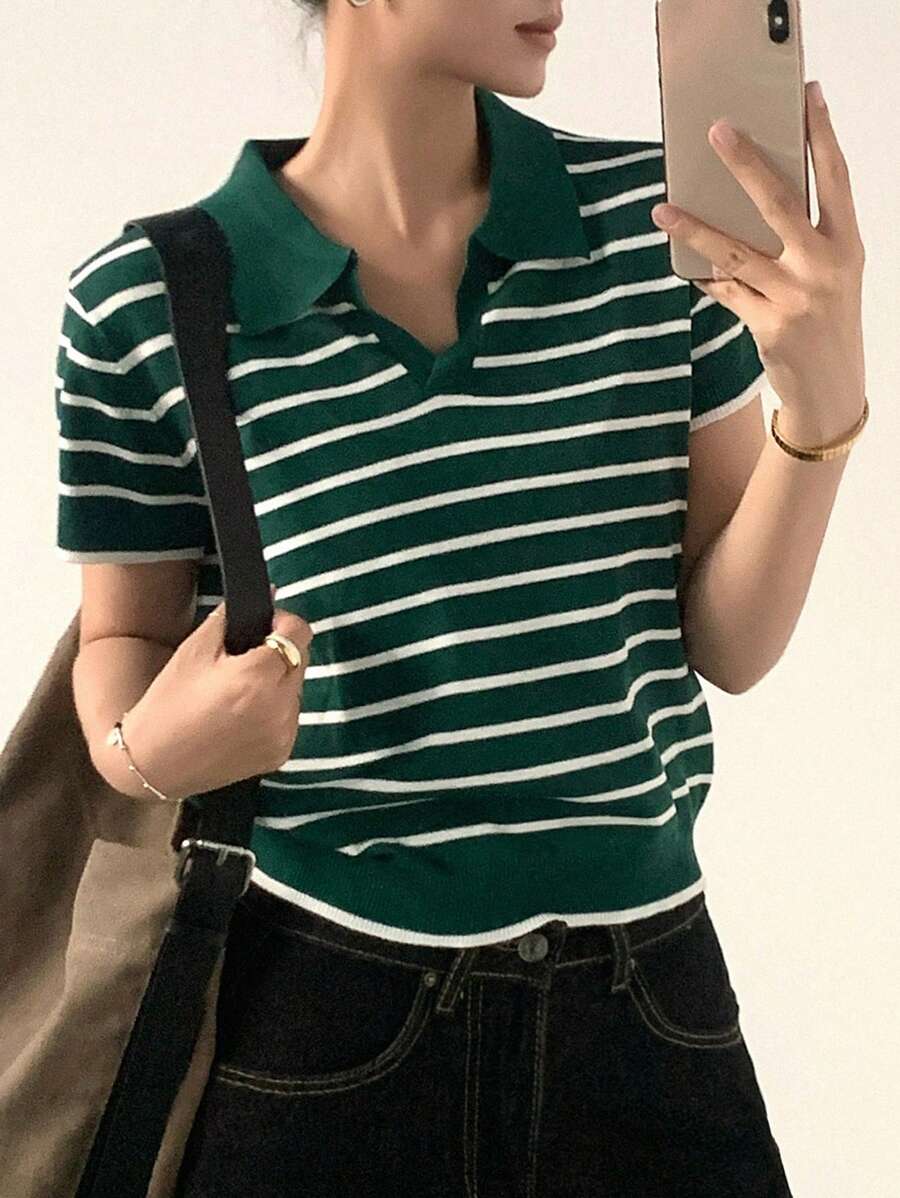 DAZY Women Polo Collar Striped Pullover Sweater - Green - View 1