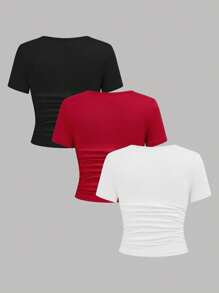 SHEIN Girlism 3-Pack Tween Girls Casual Round Neck Fitted Waist Ruched Front Print T-Shirts In Red, White And Black, School, Campus, College - Multicolor - View 2