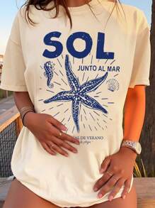 Sundraya Women Apricot Starfish Print Loose Casual Vacation Round Neck Short Sleeve Top - Apricot - View 3