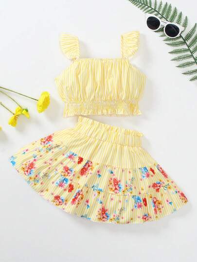 SHEIN 2pcs/Set Young Girl Vacation Casual Striped Camisole & Ditsy Floral Patchwork A-Line Skirt