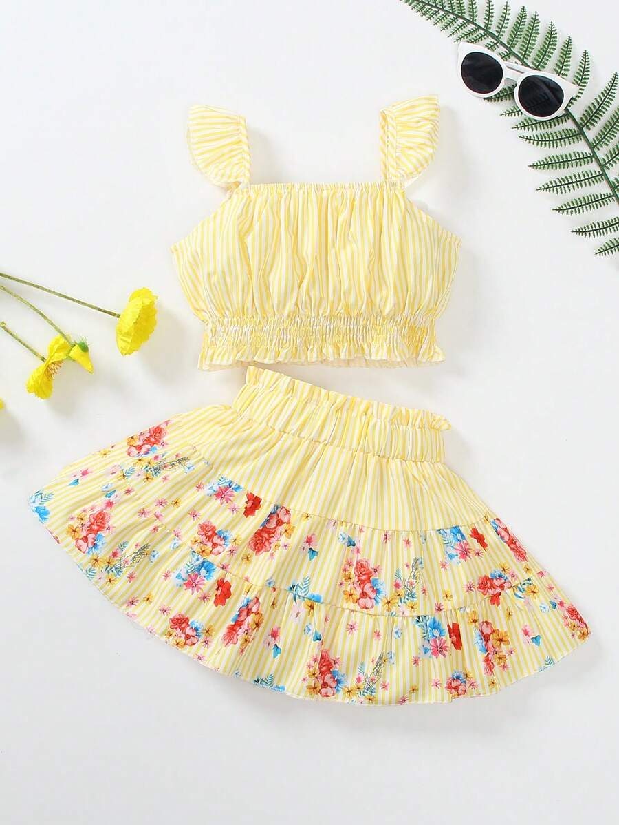 SHEIN Elladie kids 2件套年轻女孩度假休闲条纹吊带背心和碎花拼布A字裙 - 黃色 - 查看 1