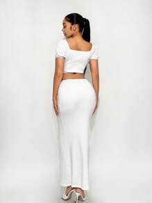 SHEIN Unity Summer Elegant Solid Color Drawstring Cropped Shirt - White - View 2