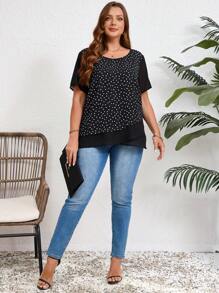 EMERY ROSE Blus Kasual Lengan Pendek Leher Bulat Motif Polkadot Musim Panas untuk Wanita Ukuran Besar, Musim Panas untuk Wanita, Bunga/Liburan/Musim Semi - Hitam - View 5