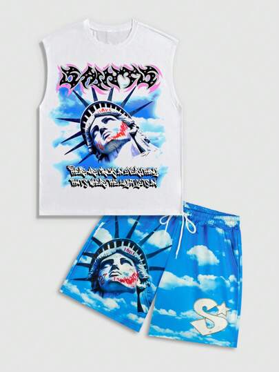 Street Life Set di canottiera e pantaloncini da uomo con stampa grafica di Y2K, adatto per indossare in modo casual in primavera/estate