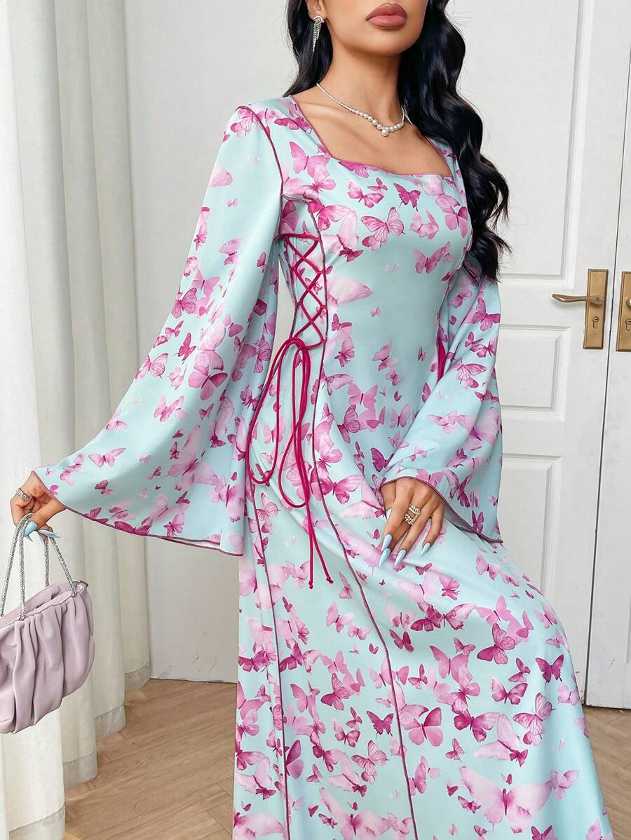 Al Najma 女式方领蝴蝶印花喇叭袖阿拉伯风格夏装 - 彩色 - 查看 1