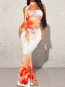 SHEIN EZwear 大码女式花卉印花美人鱼下摆紧身露肩优雅夜间外出夏威夷连衣裙，夏季