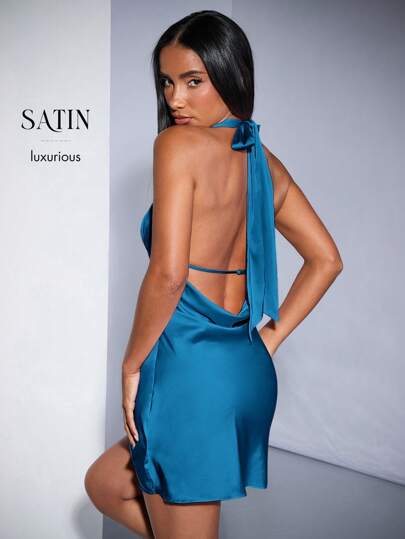 SHEIN BAE Nude Pink & Light Pink Solid Color Deep V Backless Draped Peach Halter Neck Dress, Homecoming/Music Festival/Graduation/Wedding Guest/Summer Dresses With Bow Tie Straps, Satin, Elegant Party/Prom Mini Dress