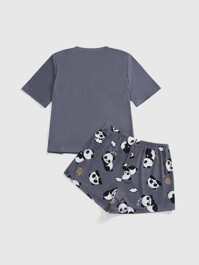 Conjunto de pijama con estampado de panda, de manga corta y pantalón corto, diseño de dibujos animados adorable