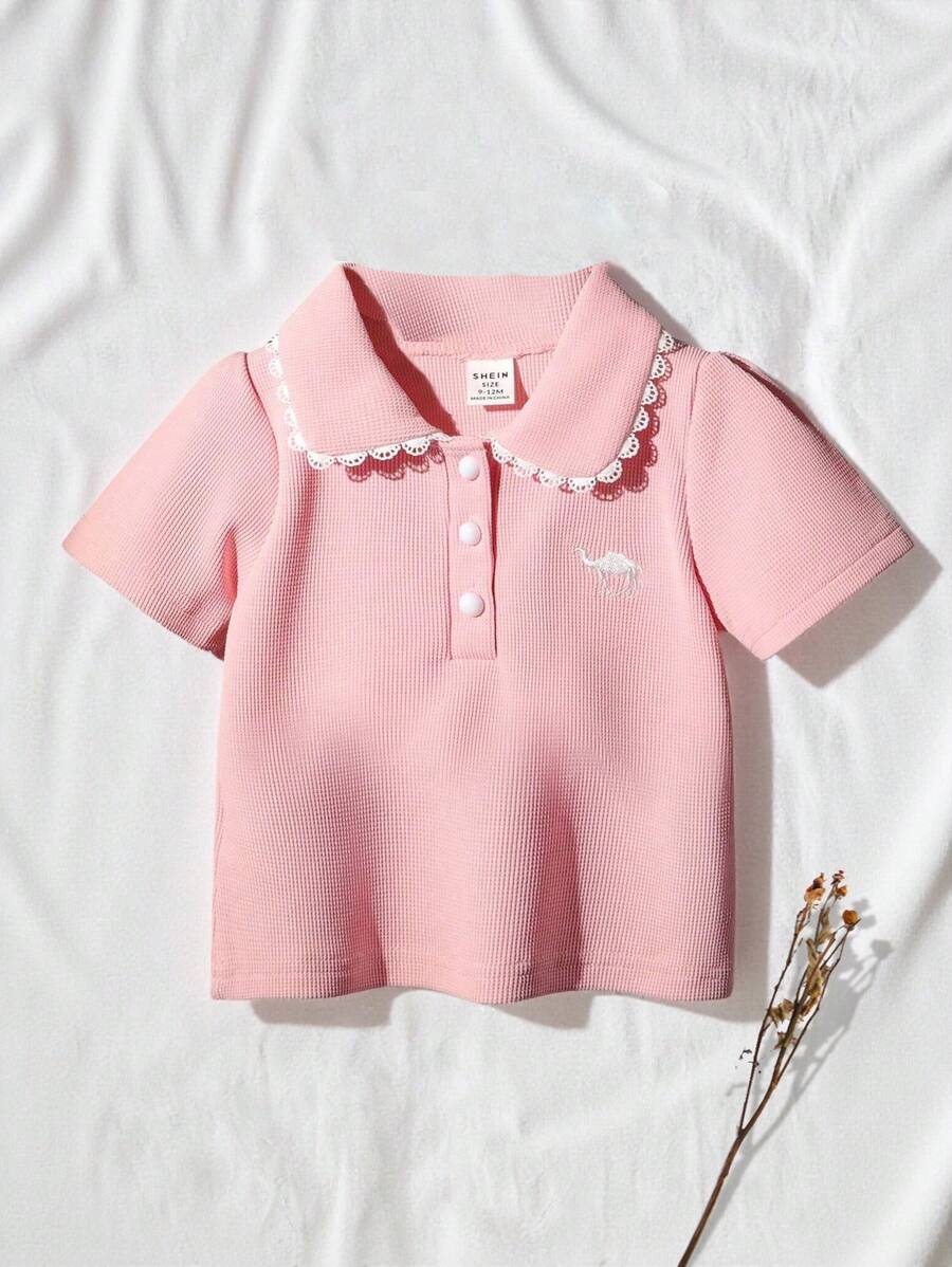 SHEIN Vintaside Kids 女婴休闲 Polo 衫上衣，春夏 - 粉色 - 查看 1