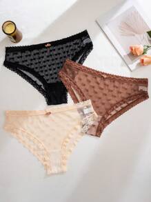 SHEIN 3-Pack Sweet Heart Jacquard Mesh Lace Trim Plus Size Women Briefs - Multicolor - View 3