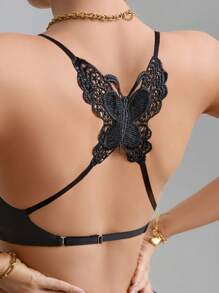 SHEIN Casual Ribbed Solid Unlined Front Button Hollow Back Bowknot Decor Seamless Wireless Bra For Women - Black - View 6