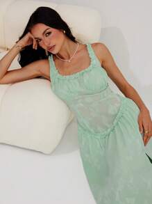 Roylia Women's Elegant Romantic Jacquard Solid Green Sexy Long Slit Slip Dress With Ruffle Hem - Green - View 6