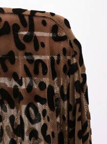 DAZY 女士性感修身透视网纱豹纹花卉植绒短袖上衣，夏季 - 棕色 - 查看 8