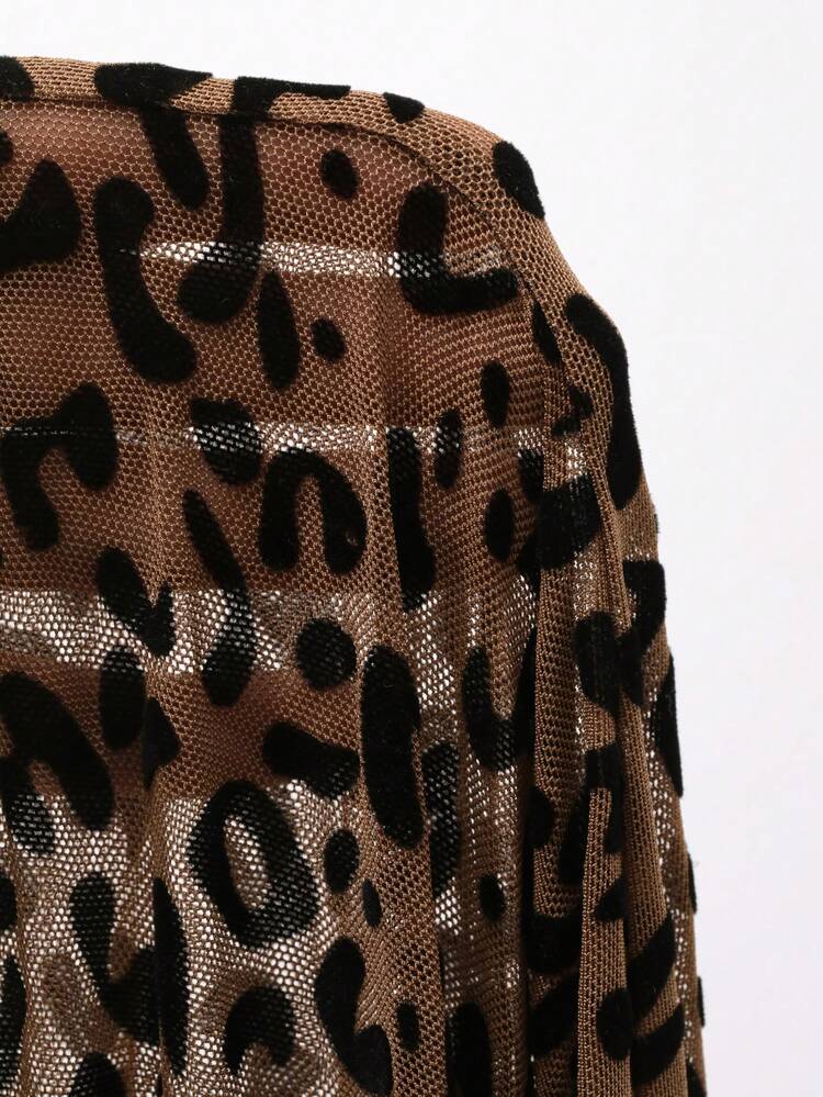 Women's Sexy Fitted Sheer Mesh Leopard Floral Flocked Short Sleeve Top, Summer