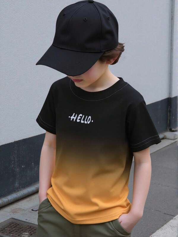 GraphicGems 1pc Toddler Boys' Casual T-Shirt, Black To Orange Ombre Color, White "HELLO" Print On Chest, Short Sleeve, Thin Fabric, Versatile For Spring/Summer