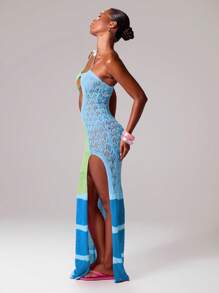 MUSERA 不对称纹理钩编针织撞色超大镂空侧开衩长裙，伊比沙岛性感度假春夏节日沙滩装浪漫优雅生日节日假日服装夏季服装节日条纹夜生活秋冬派对时尚 - 藍色 - 查看 3