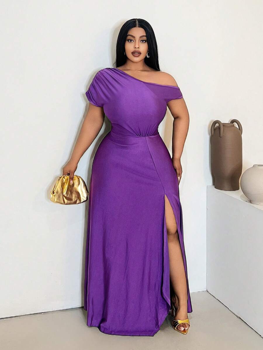Maweii Vestido morado con plisados, un solo hombro y abertura alta para mujeres de tallas grandes - Morado - Ver 1