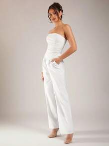 Silquee 2 件套女士白色西装套装，无肩带西装外套和短裤 - 白色 - 查看 6