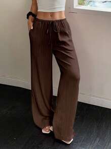 Flirla Pantalones casuales de verano para mujer de unicolor con cintura elástica, cordón y bolsillos