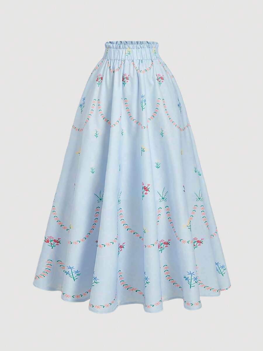 SHEIN MOD 度假胜地印花花裙，夏季女装，音乐会，浪漫，优雅，派对，春季，节日，复古，婚礼嘉宾，茶会，端庄，花裙 - 淺藍色 - 查看 1