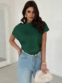 Firerie Blusa de manga corta con volumen, bajo asimétrico, de color liso para mujer