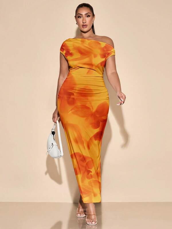 SHEIN BAE Plus Size Casual Asymmetric Shoulder Orange Abstract Floral Print Dress, Summer Holiday,Summer Dresses For Women Suitable For Going Out