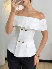 Modelyn Blusa elegante de diseño moderno con hombros descubiertos y doble botón para mujer, primavera/verano - Blanco - Ver 7