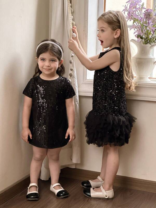 Babygirl Cute & Elegant Black Sequins Decor Mesh Loose Short Sleeve Dress, Summer