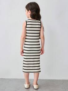 SHEIN Vestido informal de punto a rayas de ajuste ceñido sin mangas para niña joven - Blanco y Negro - Ver 3