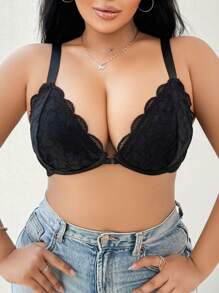 SHEIN 1 pezzo Reggiseno senza fili con pizzo e chiusura frontale, taglie forti - nero - Visualizzare 5