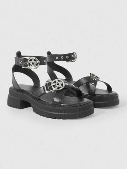 Grunge Punk Women's Black Open Toe Plus Size 5.5cm Platform Thick Sole Dark Punk Five-Pointed Star Metal Buckle Design Casual Fashion Everyday Student Beach Sandals