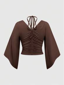 ROMWE Hippie 女式复古宽松V领木珠装饰蝙蝠袖T恤 - 咖啡棕 - 查看 2