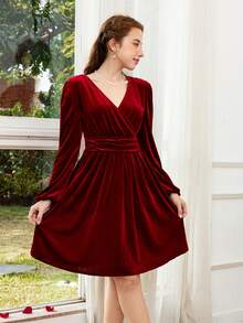 Vestido de terciopelo con cuello en V y fruncido para adolescentes - Burdeos - Ver 4