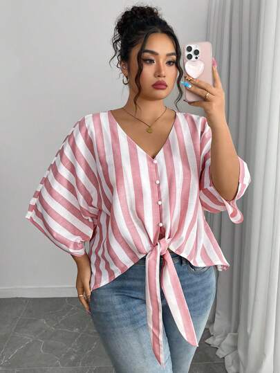 Elenzga Camisa holgada de rayas con cuello en V y mangas raglán, adecuada para vacaciones y uso diario en verano para mujeres