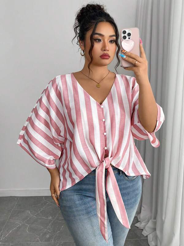 Elenzga Plus Size V-Neck Raglan Sleeve Loose Casual Striped Shirt, Suitable For Vacation And Daily Wear In Summer Women S Summer Shirts Woman S Summer Clothes Women Summer Sets Women S Clothes Women Plus Clothing Formal