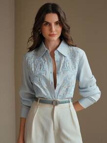 Anewsta 女士亚麻刺绣水钻装饰长袖衬衫，黑色和金色 - 藍色 - 查看 5