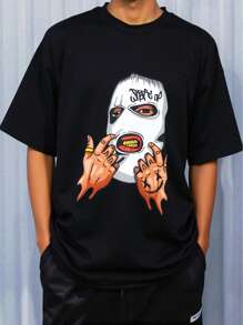 SHEIN Tween Boys Casual American Graphic Letter Portrait Print Black Short Sleeve T-Shirt, Comfortable, Fashionable, Versatile, Soft Fabric, Suitable For Daily Wear, School, Travel, Outdoor Sports, Spring/Summer - Black - View 1