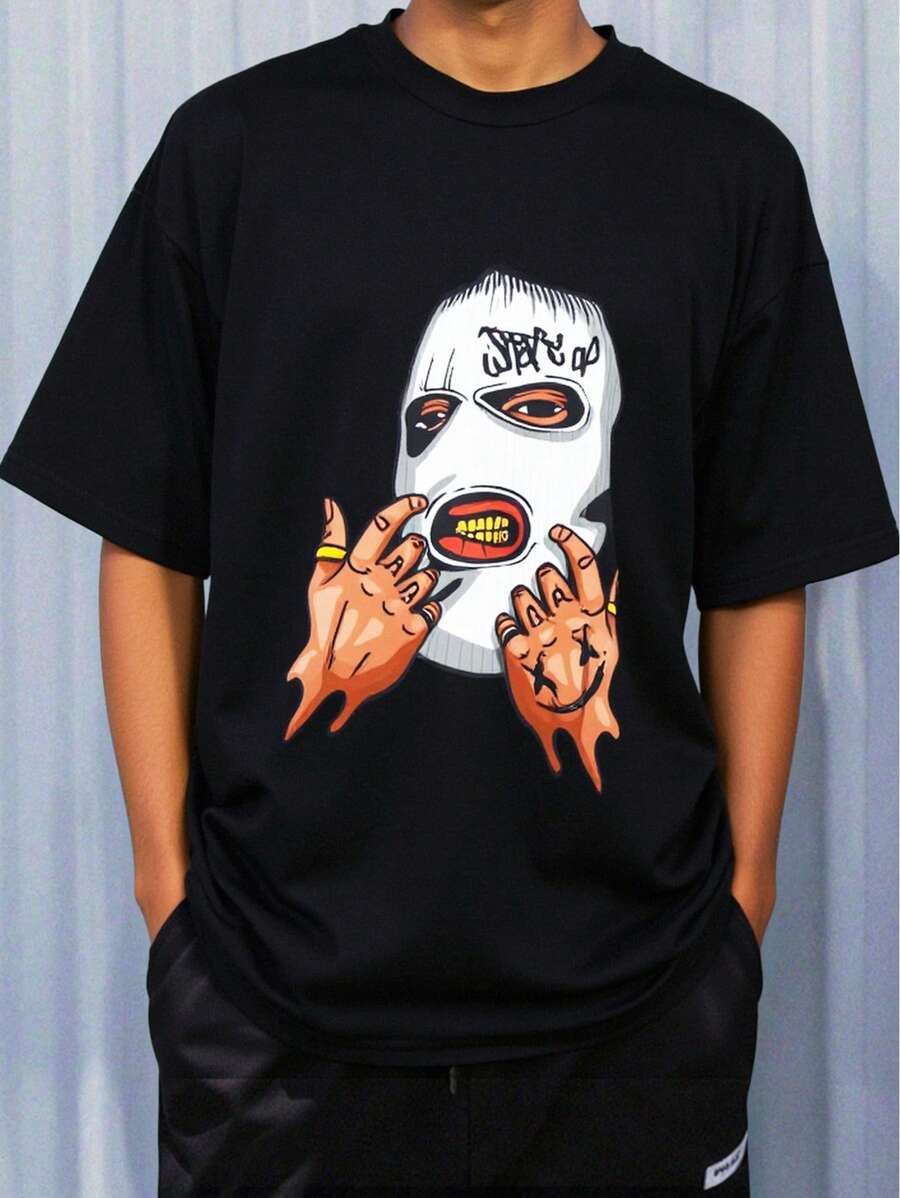 SHEIN Tween Boys Casual American Graphic Letter Portrait Print Black Short Sleeve T-Shirt, Comfortable, Fashionable, Versatile, Soft Fabric, Suitable For Daily Wear, School, Travel, Outdoor Sports, Spring/Summer - Black - View 1